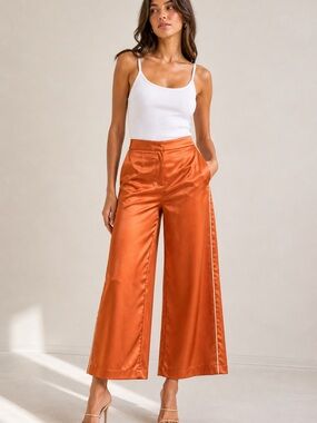 Jason Wu Copper Satin Cropped Wide Leg Pants w/ Side Stripe Size 6